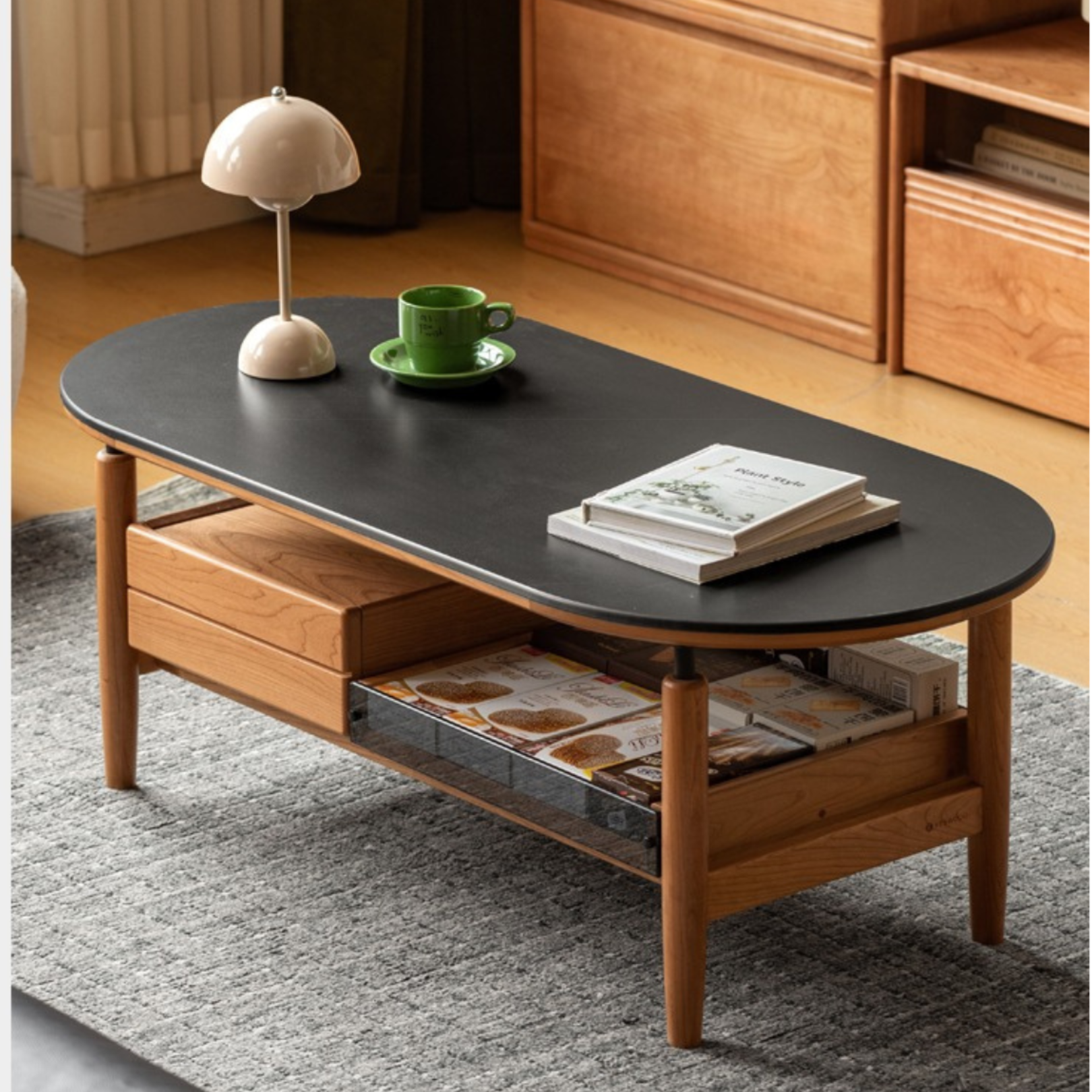 Cherry Solid Wood Modern Rock Coffee Table with Drawer