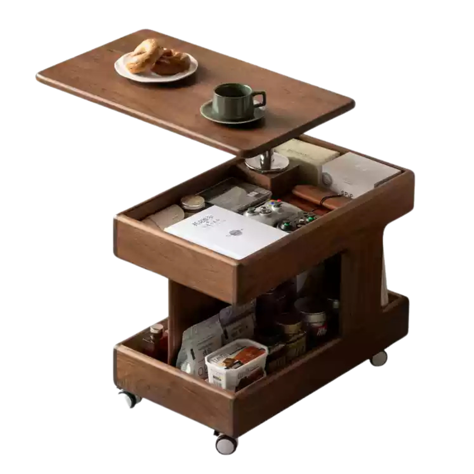 Black Walnut, Teak Solid Wood Raised and Lowered Rotating Coffee Table.