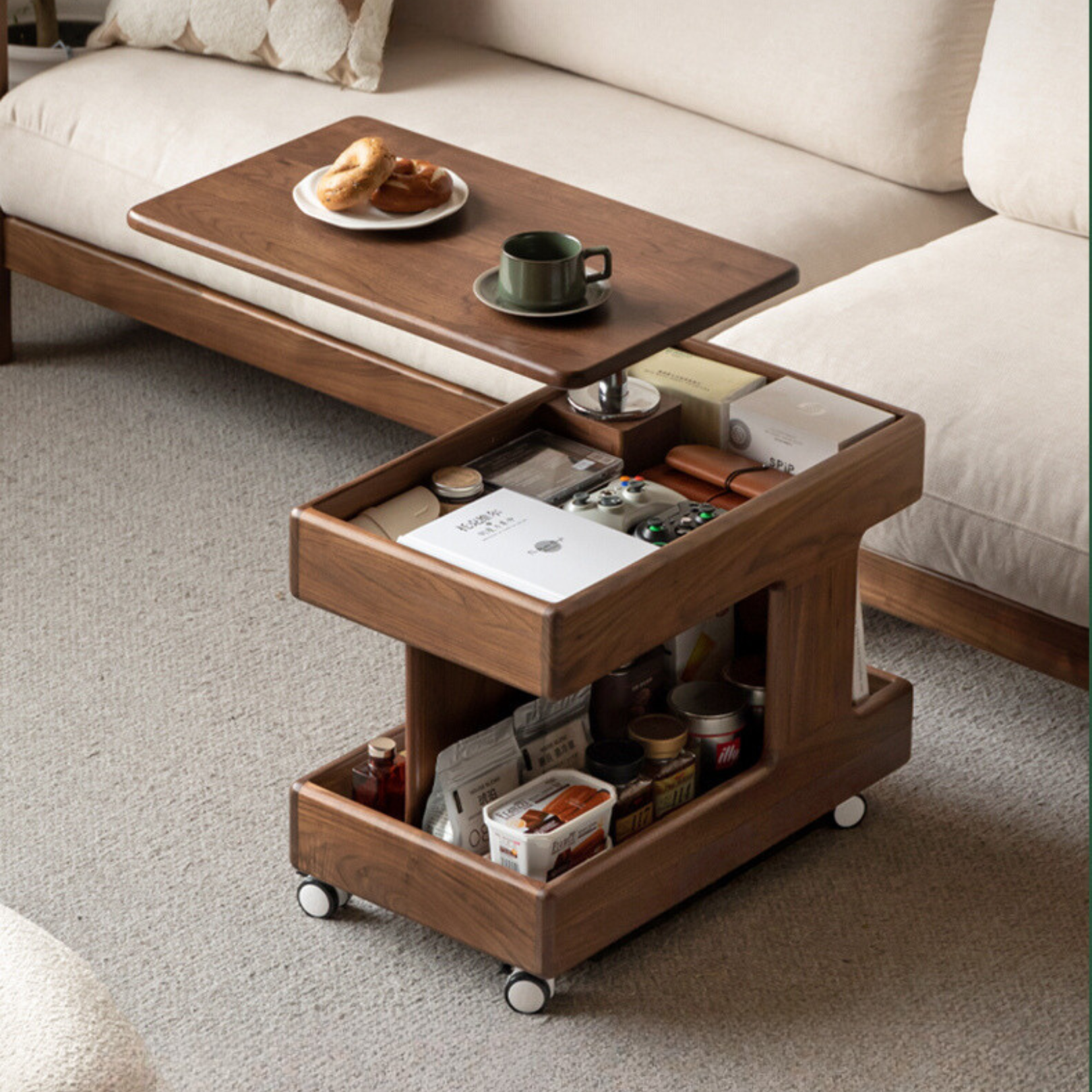 Black Walnut, Teak Solid Wood Raised and Lowered Rotating Coffee Table.