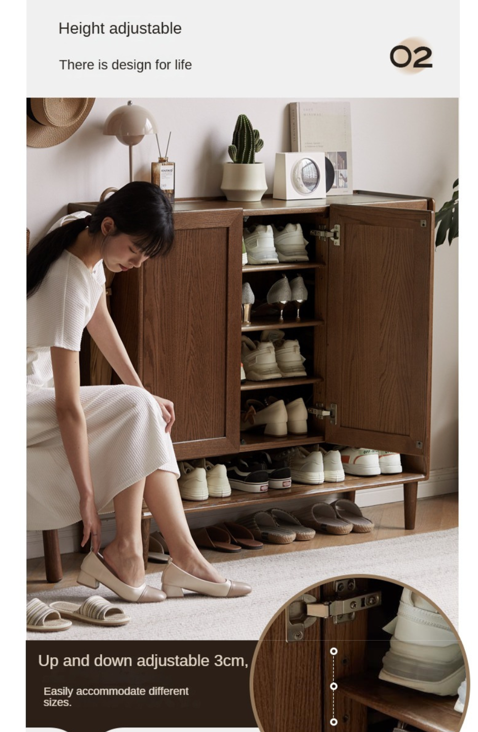 Oak Solid Wood, Solid Rubberwood Large Capacity Shoe Cabinet
