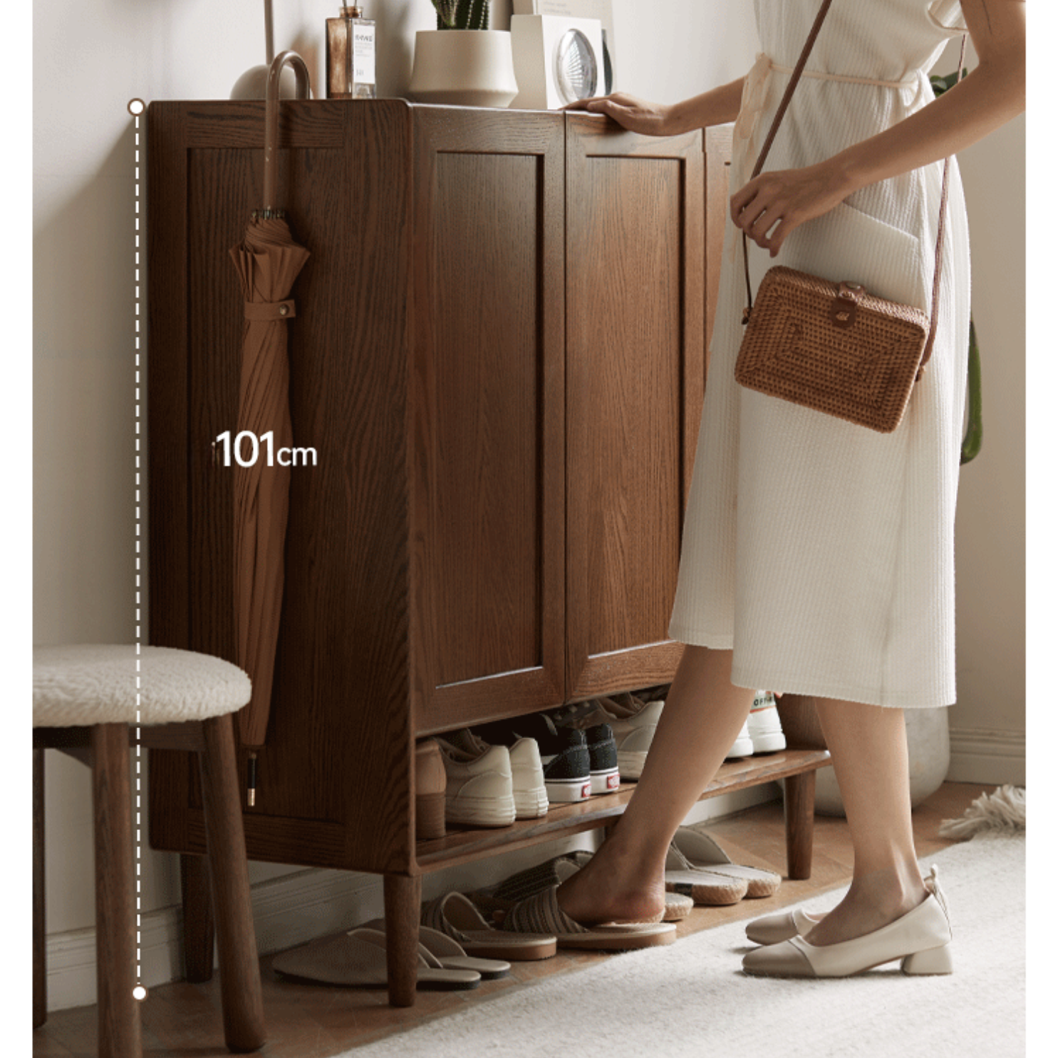 Oak Solid Wood, Solid Rubberwood Large Capacity Shoe Cabinet