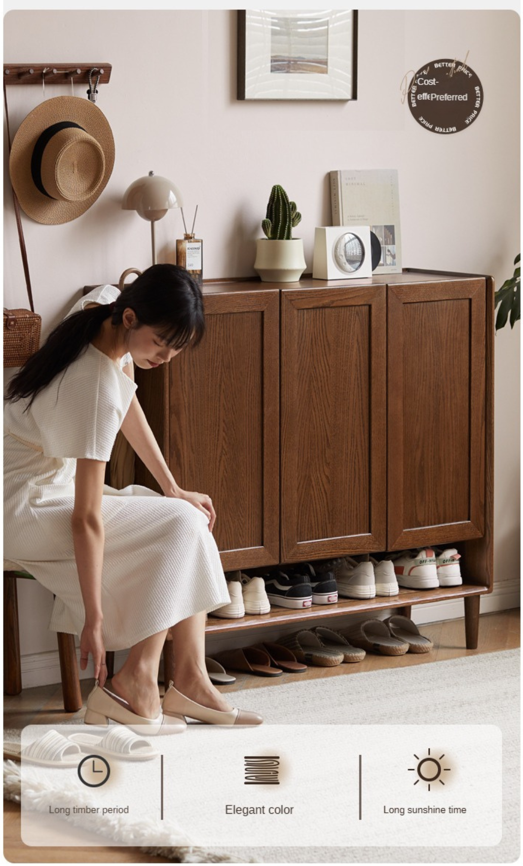 Oak, Solid Rubber Wood Large Capacity Shoe Cabinet