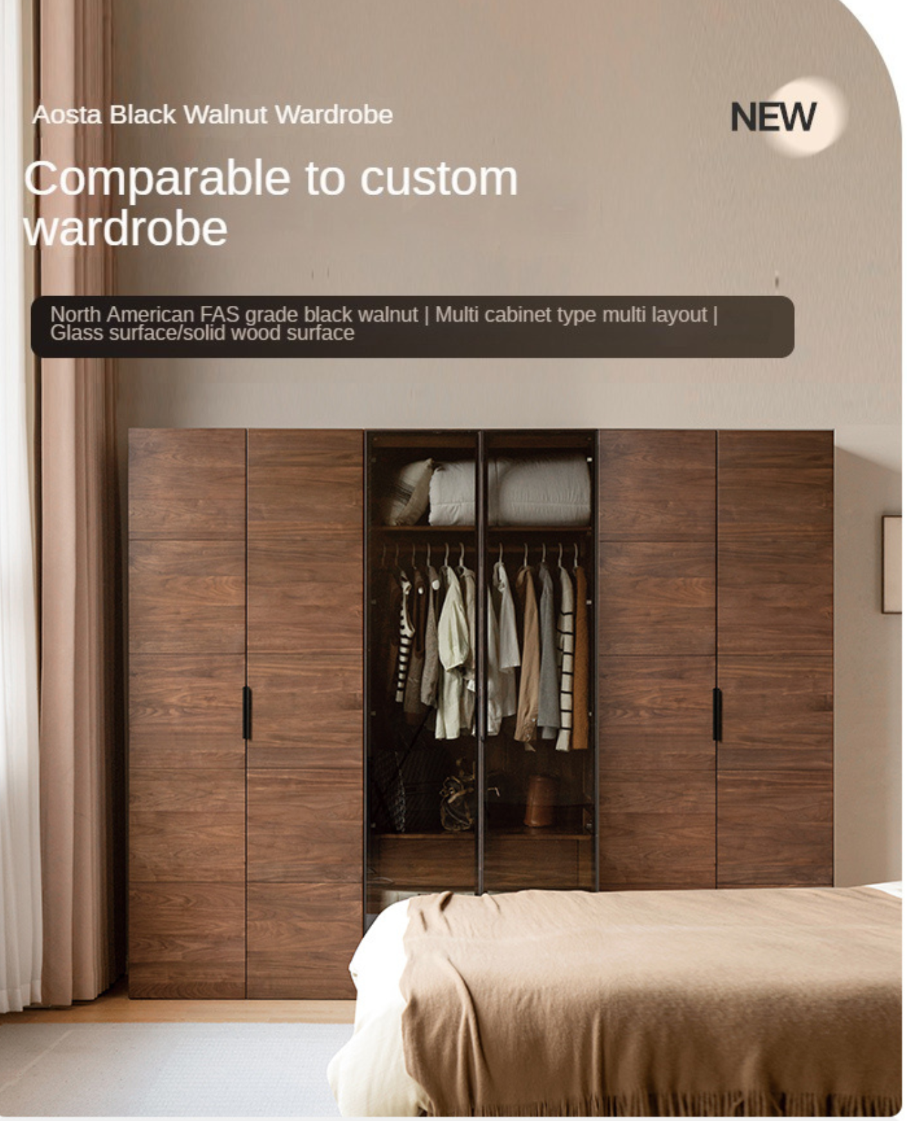 Black Walnut Solid Wood Wardrobe Combination Storage Cabinet.