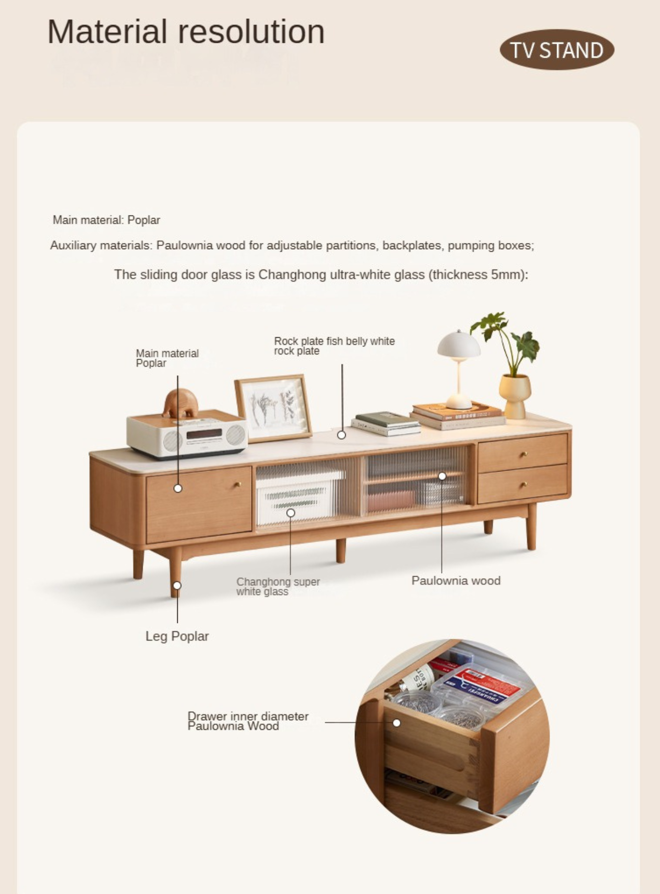 Poplar Solid Wood Modern Simple Rock Plate TV Cabinet.