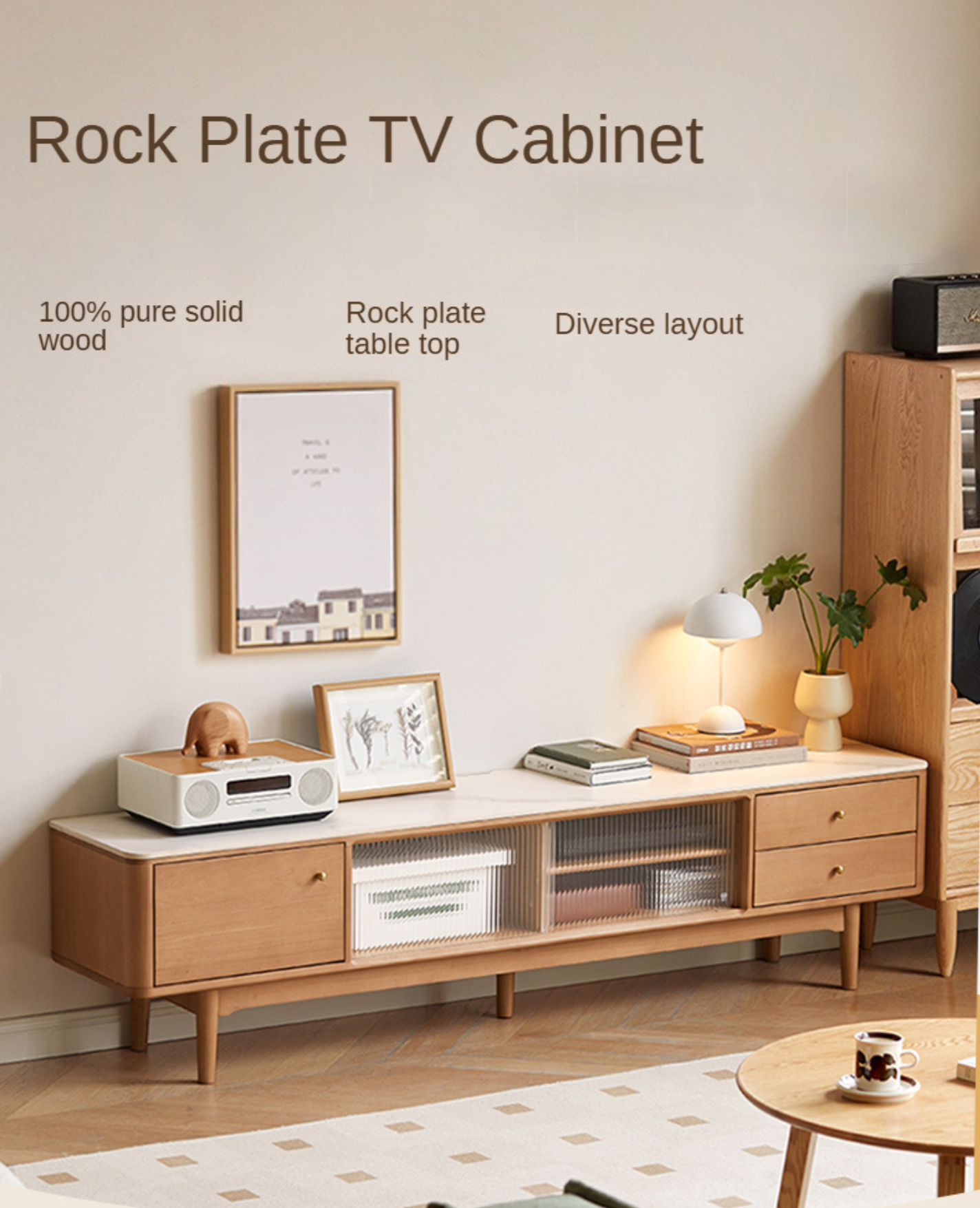 Poplar Solid Wood Modern Simple Rock Plate TV Cabinet.
