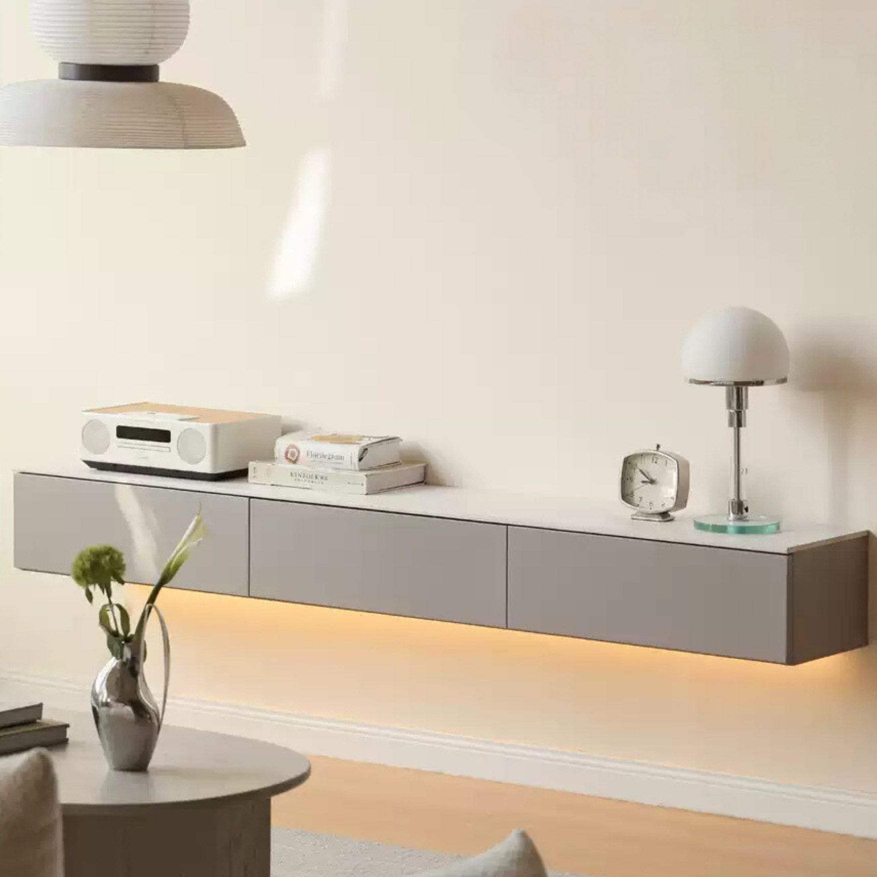 Poplar Solid Wood Wall-Mounted Suspended Splicing TV Cabinet.