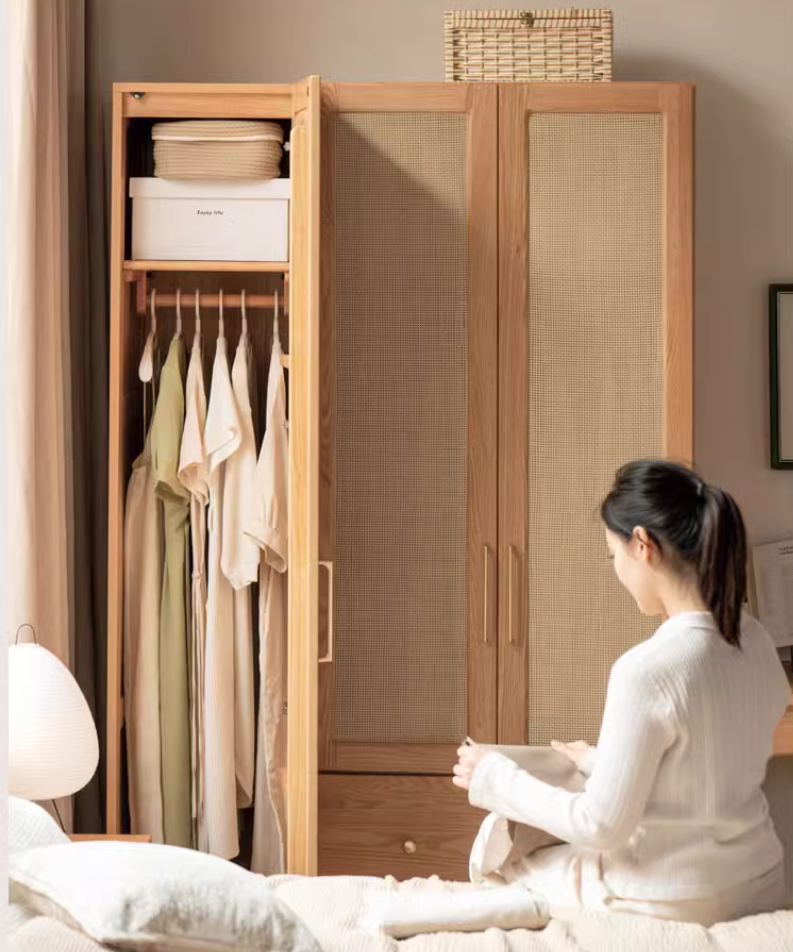 Oak Solid Wood Free Combination Wardrobe Rattan Door.