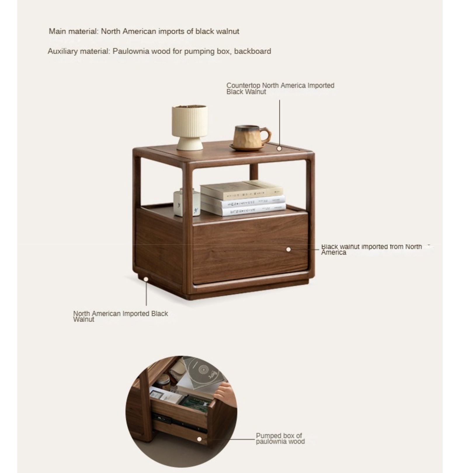 Black Walnut Solid Wood Locker Nightstand.