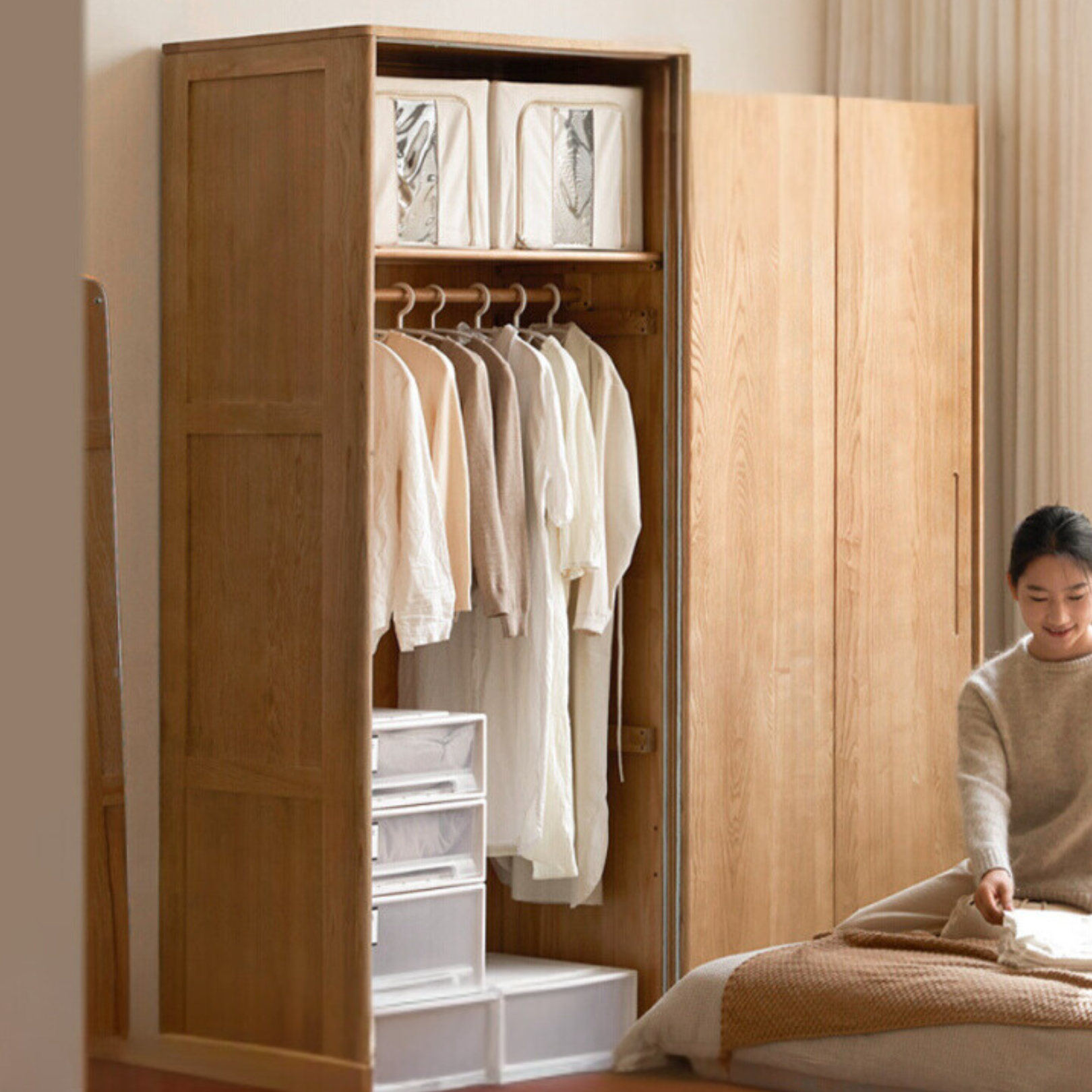 Ash Solid Wood Sliding Door Wardrobe.