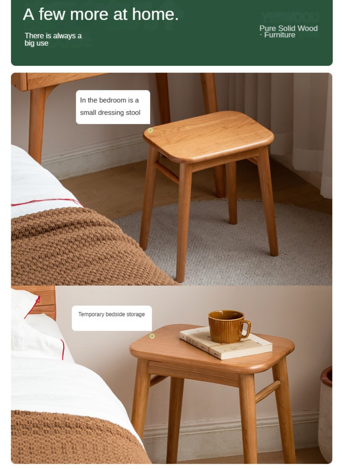 Black Walnut, Oak, Cherry, Sandalwood, Solid Rubberwood Light Luxury Makeup Stool