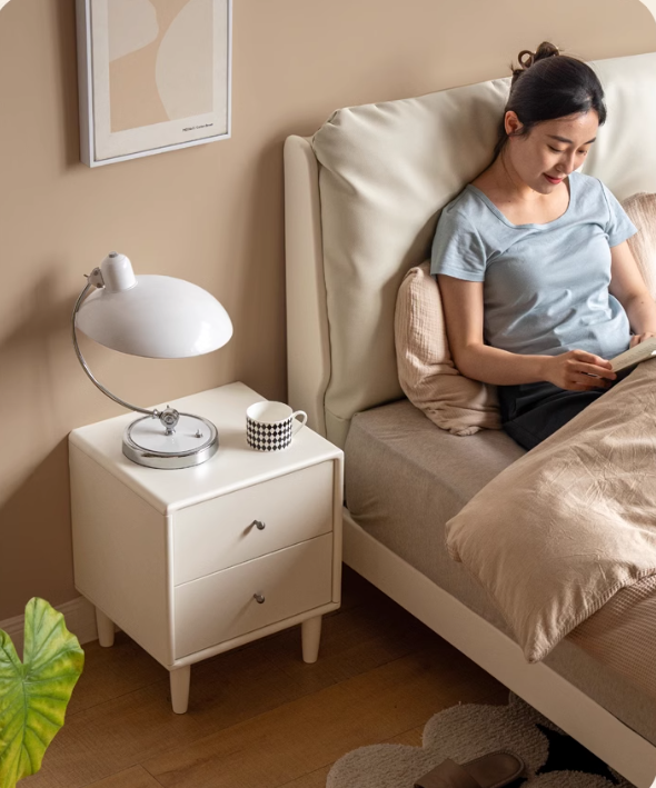 Solid RubberWood White Cream Style Nightstand