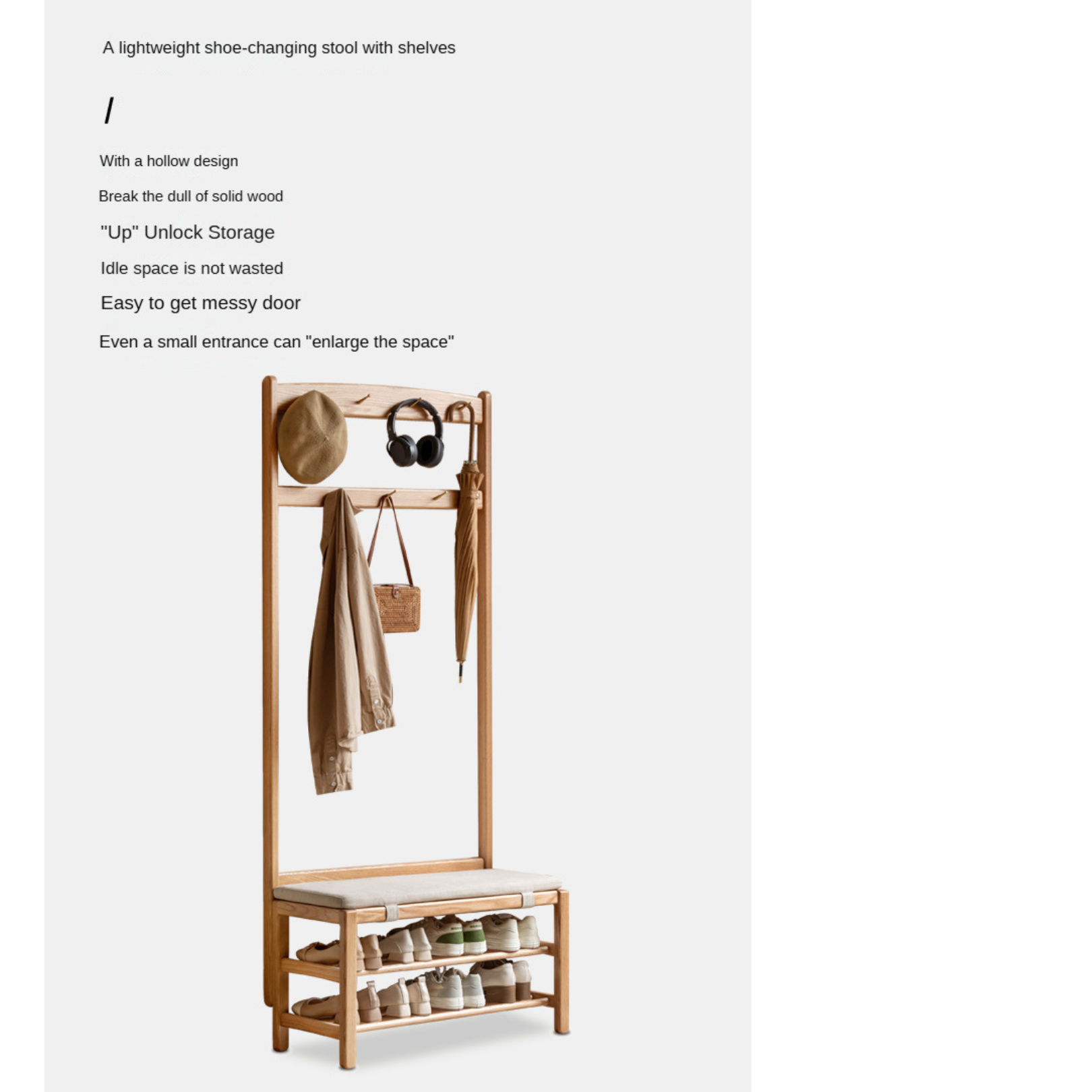 Oak, Beech Solid Wood Shoe Stool Hanger Entrance Partition