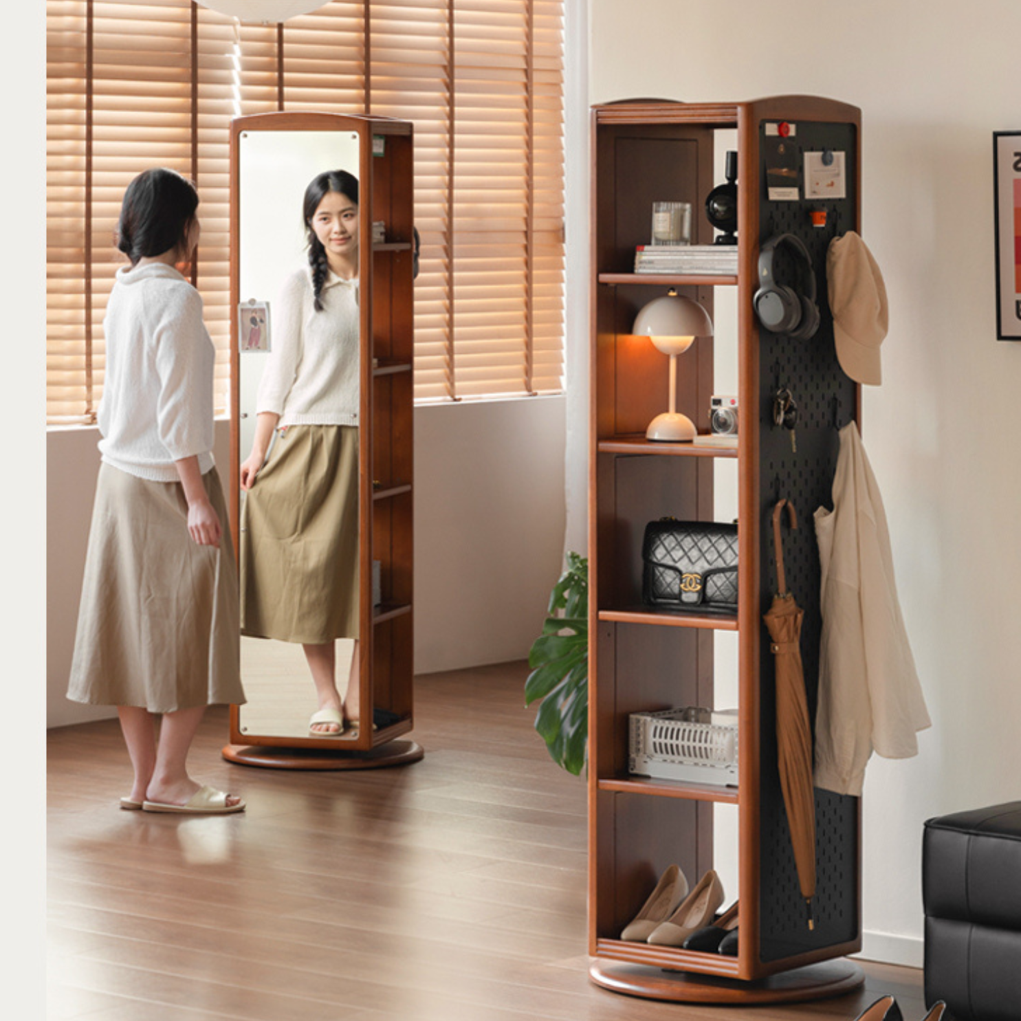Poplar, Cherry Solid Wood Rotating Multi-Function Retro Mirror Bookshelf