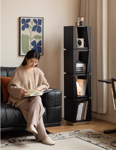 Oak solid wood floor-standing narrow bookshelf.