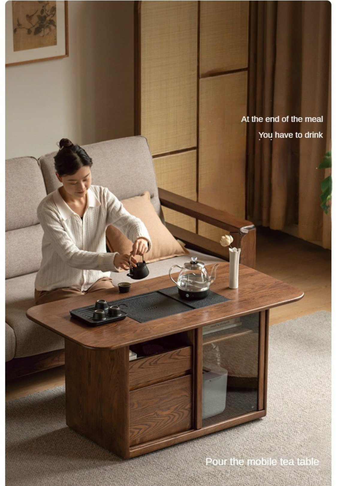 Ash Solid Wood Mobile Tea Brewing Integrated Tea Table