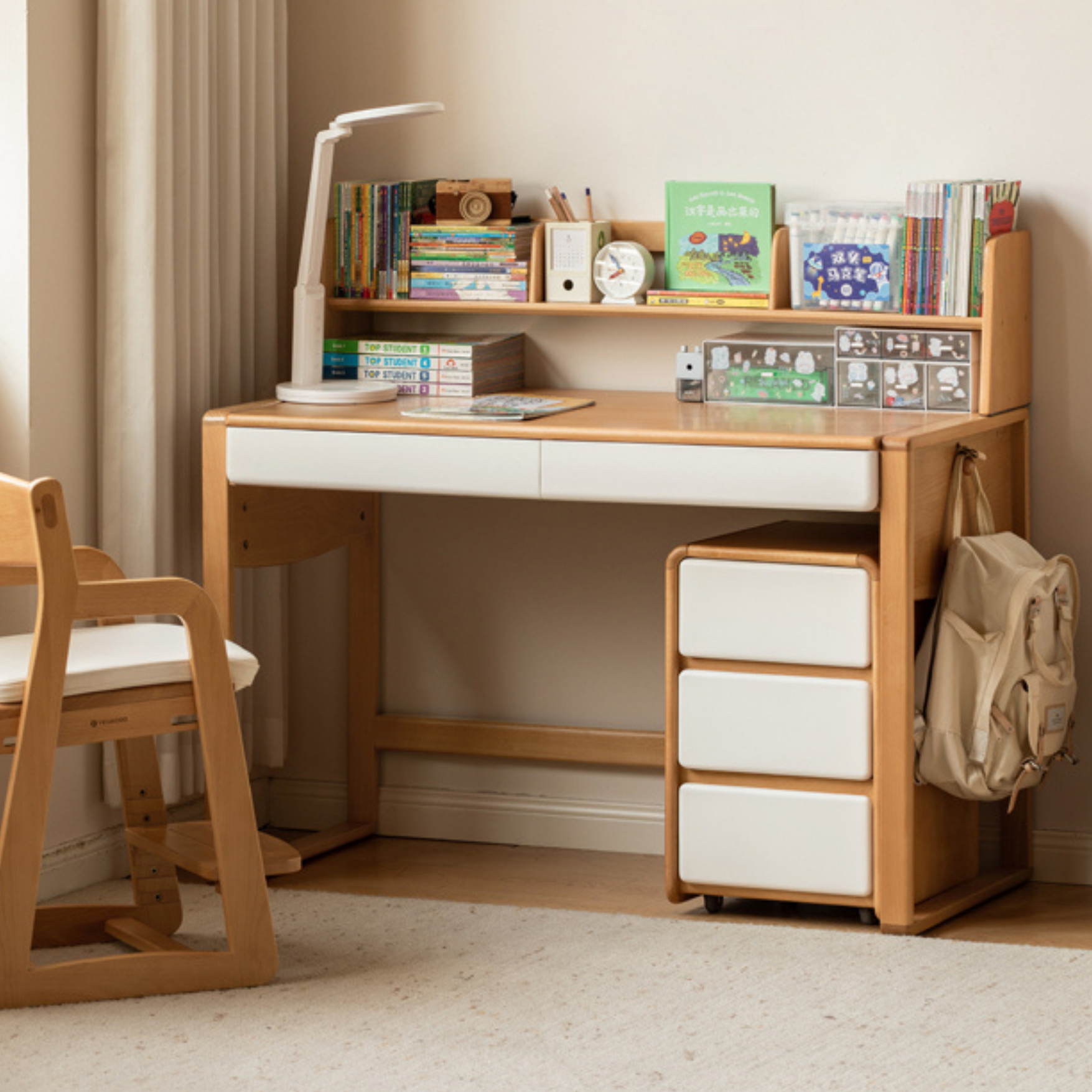 Beech Solid Wood Bookshelf Integrated Children's Desk.