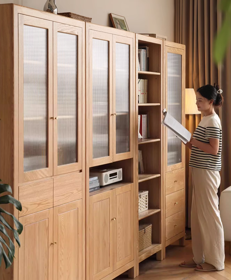 Oak Solid Wood Bookcase With Glass Door.