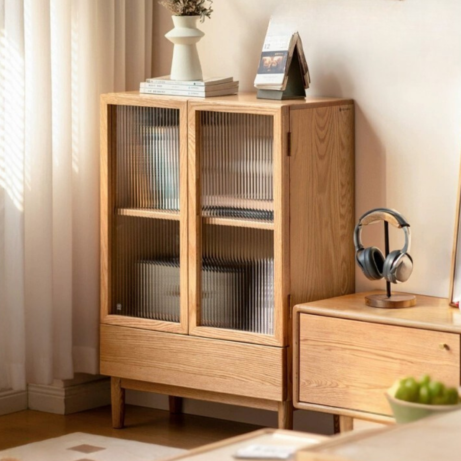 Oak, Beech Solid Wood Modern Side Cabinet.