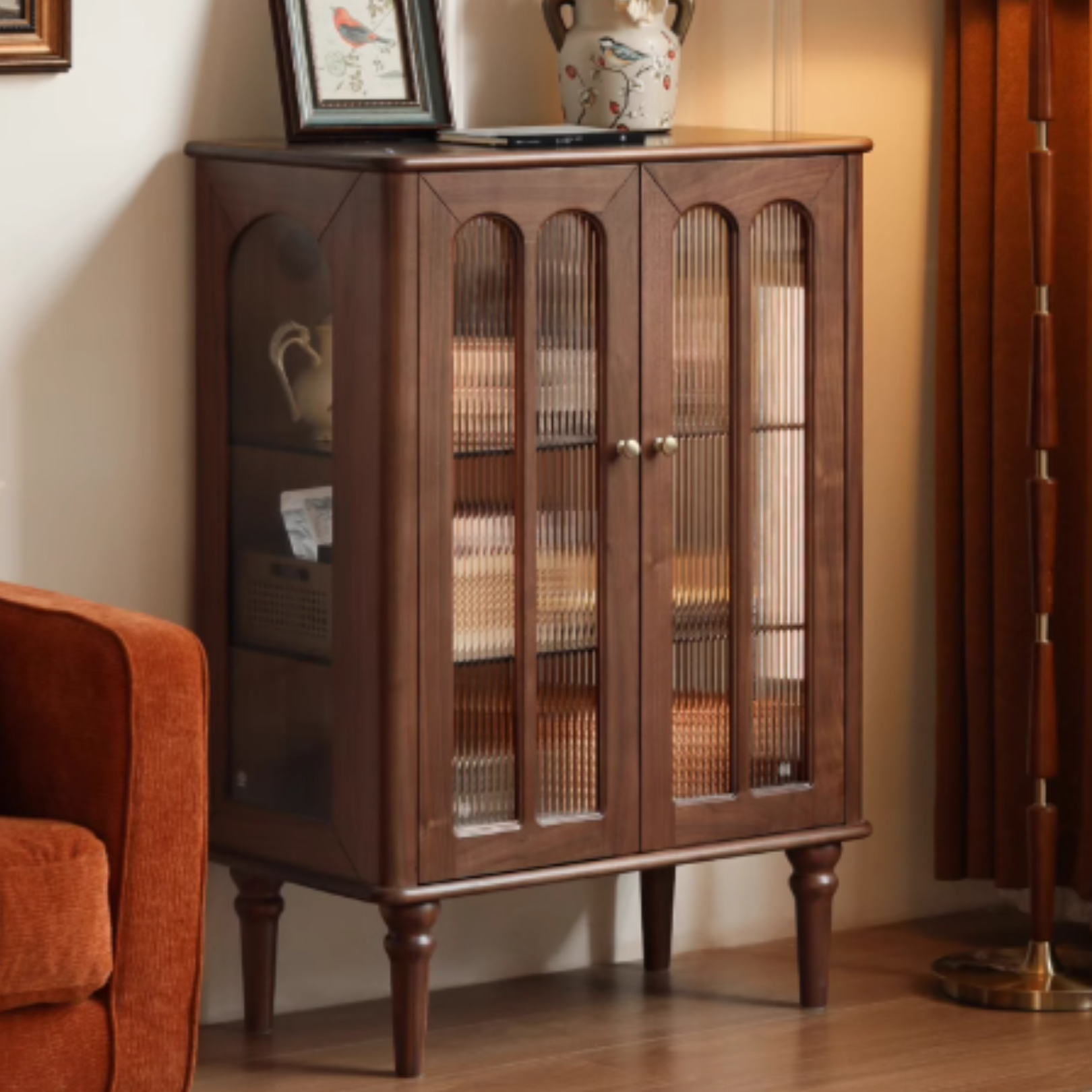 Black Walnut Solid Wood Retro Side Cabinet.