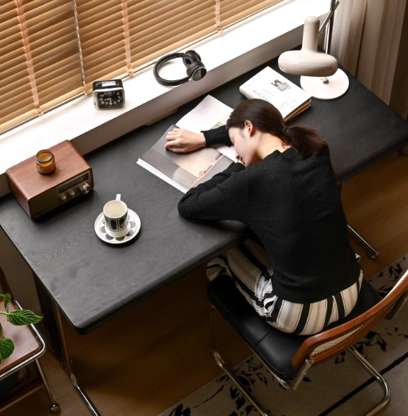 Oak Solid Wood Bauhaus Black Computer Desk.