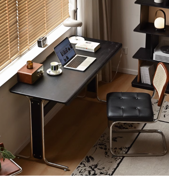 Oak Solid Wood Bauhaus Black Computer Desk.