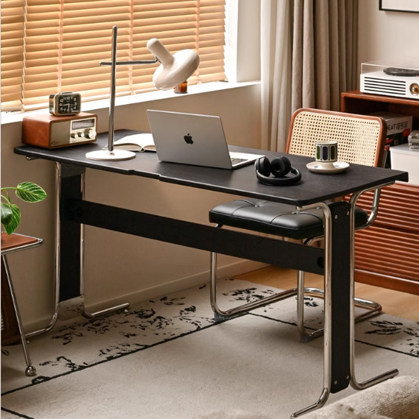 Oak Solid Wood Bauhaus Black Computer Desk.