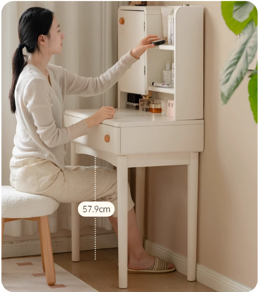 Solid Rubberwood Cream Style Vanity Table With Makeup Mirror.