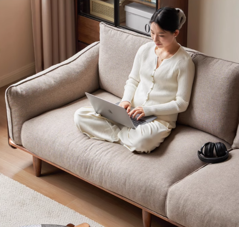 Oak Solid Wood Leather, Fabric Straight Sofa.