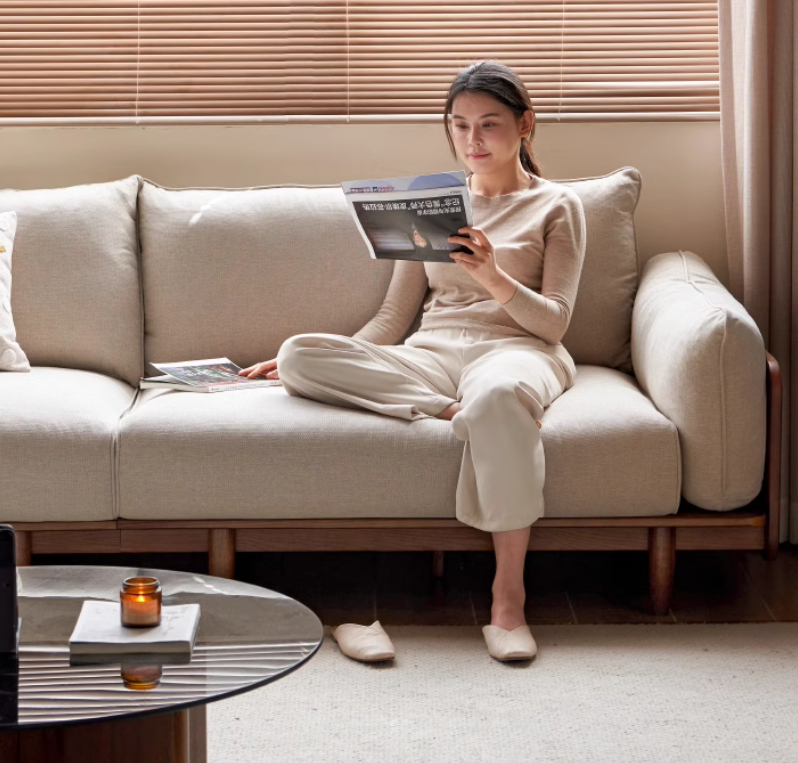 Oak Solid Wood Leather, Fabric Straight Sofa.