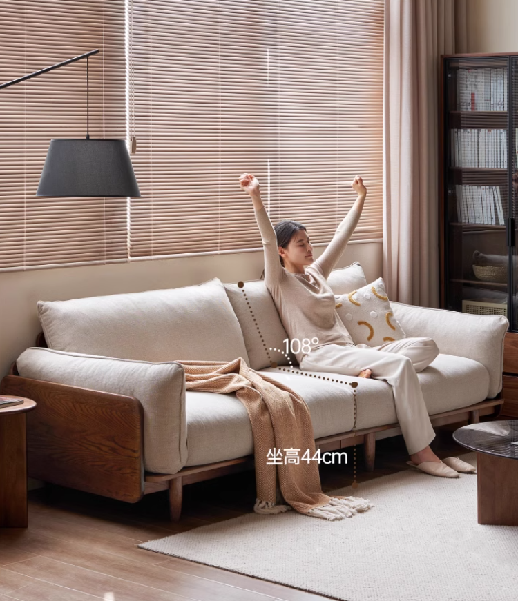 Oak Solid Wood Leather, Fabric Straight Sofa.