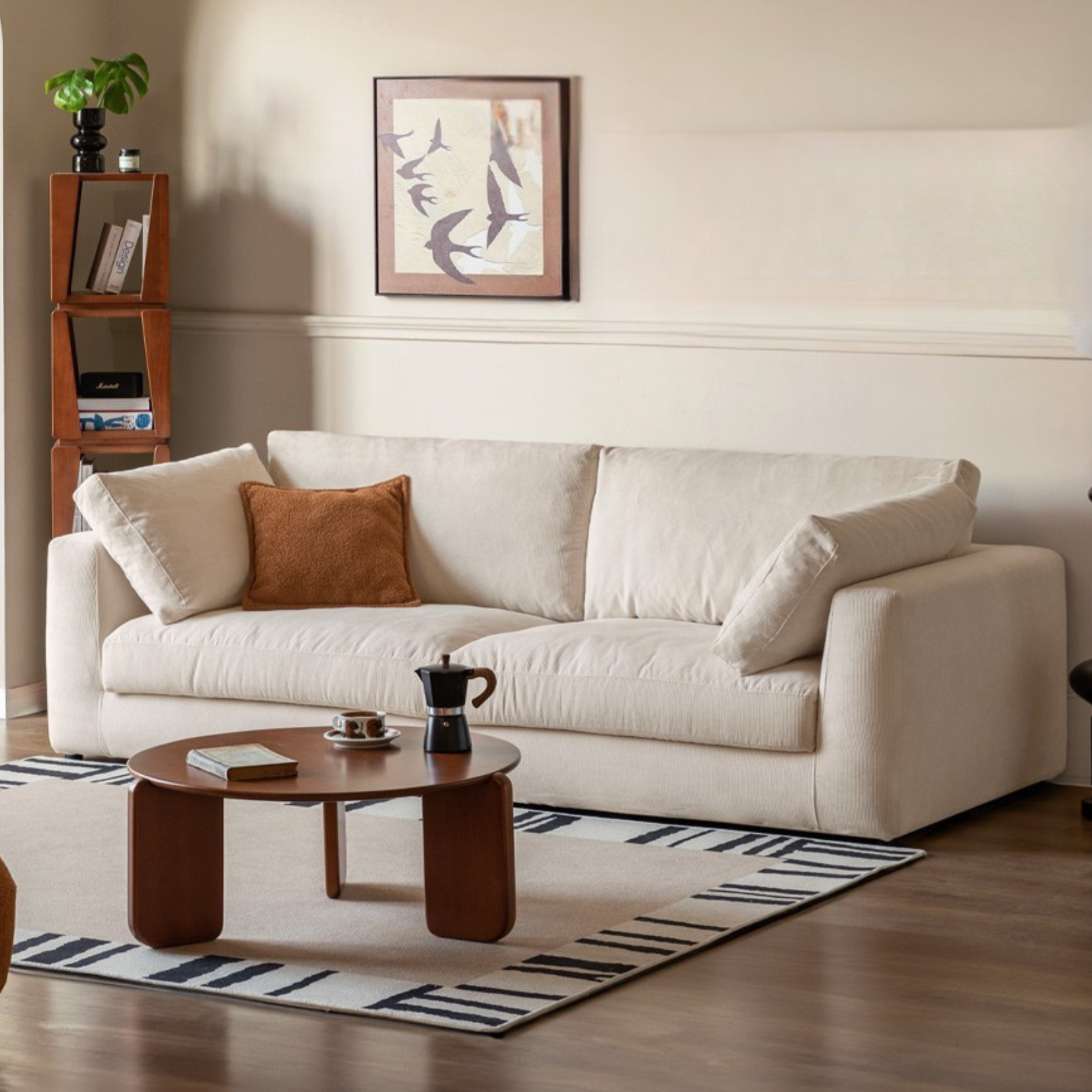 Fabric Sofa Straight Sofa White Cream Style.