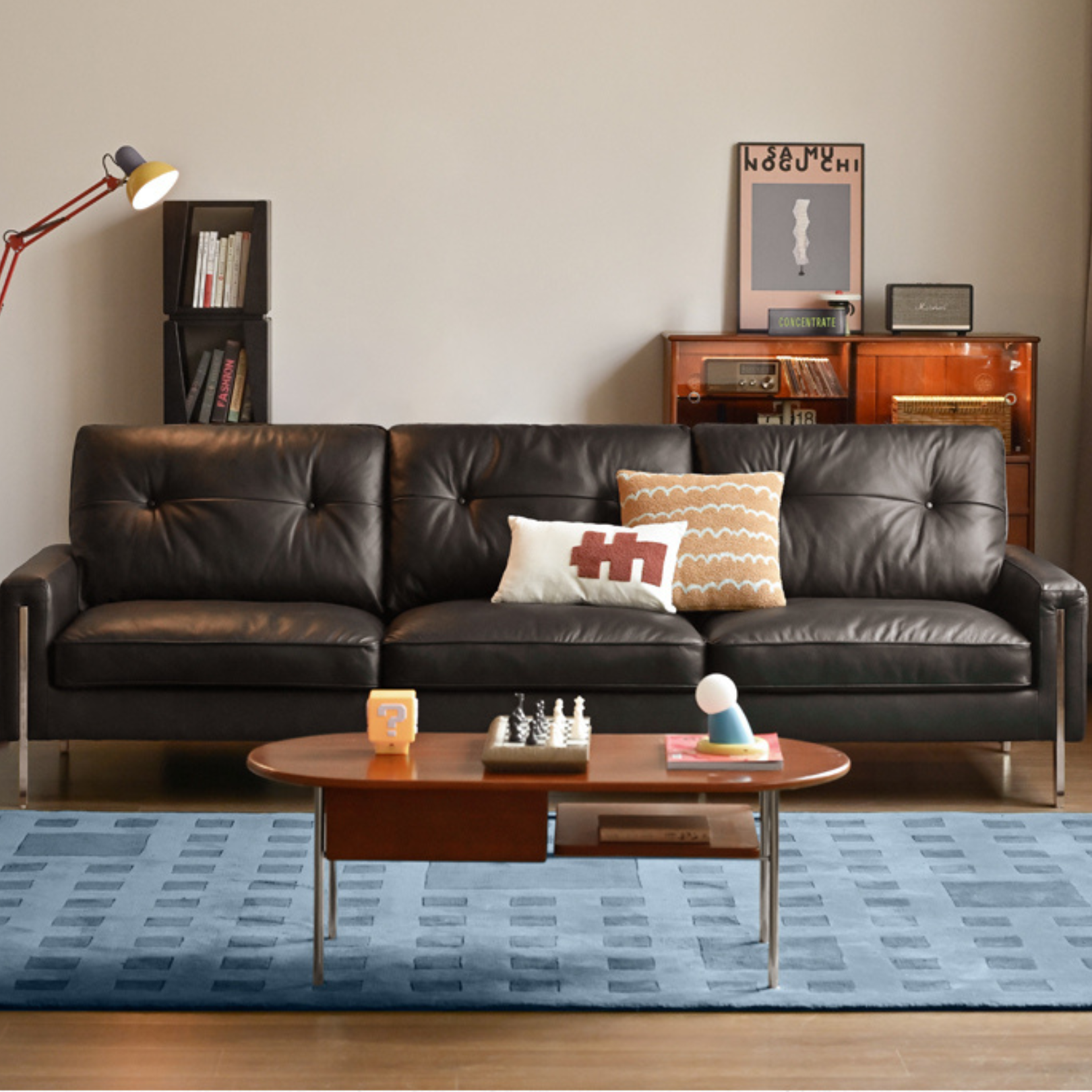 Leather Black High Back Down Straight Sofa.