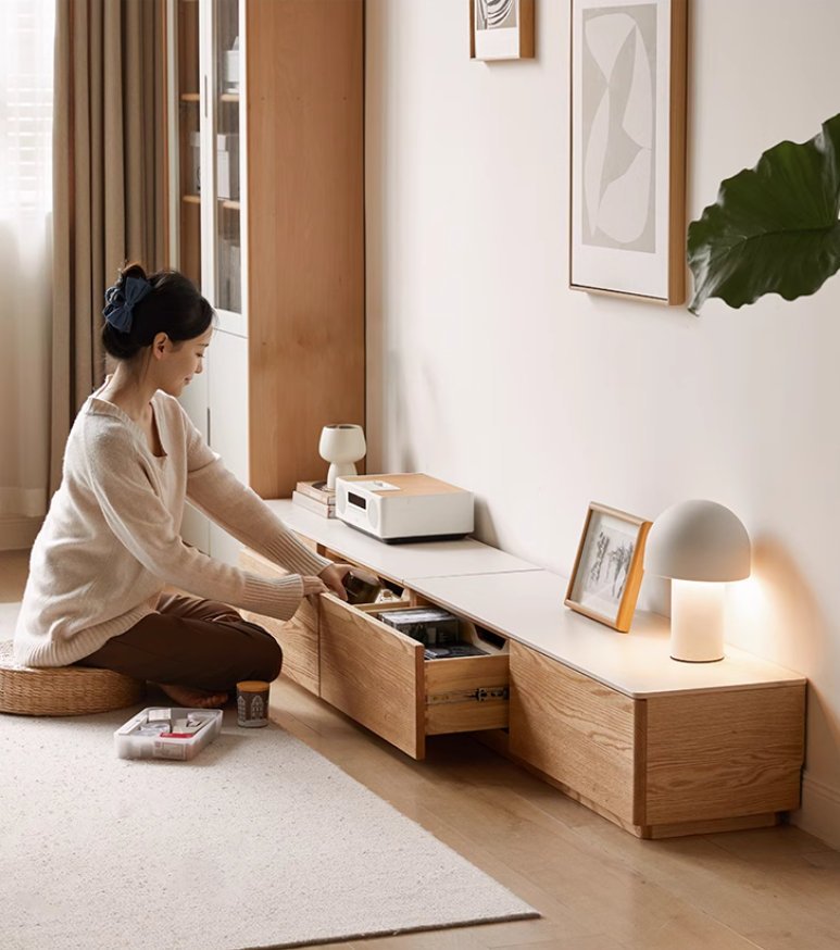 Oak, Rubber wood Solid Wood Modern Rock Slab Floor TV Cabinet