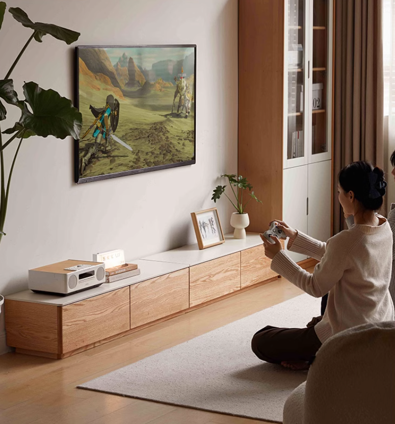 Oak, Rubber wood Solid Wood Modern Rock Slab Floor TV Cabinet