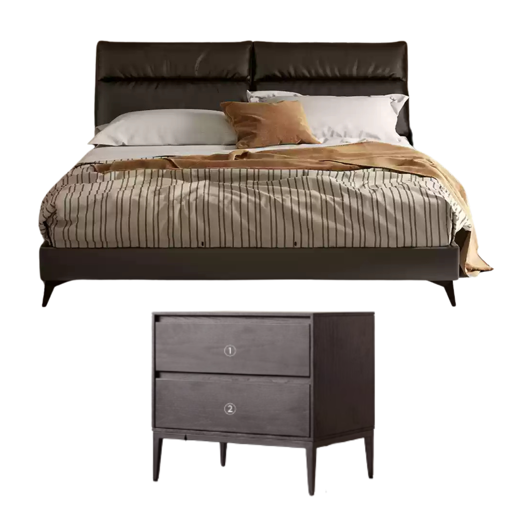 Genuine leather cowhide bed bedroom complete furniture light luxury style black.