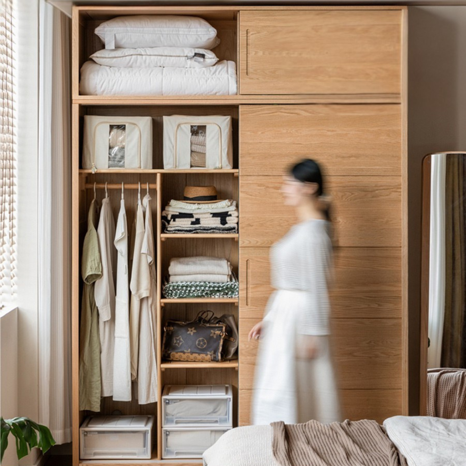 Oak, Pine Solid Wood Sliding Door Wardrobe.