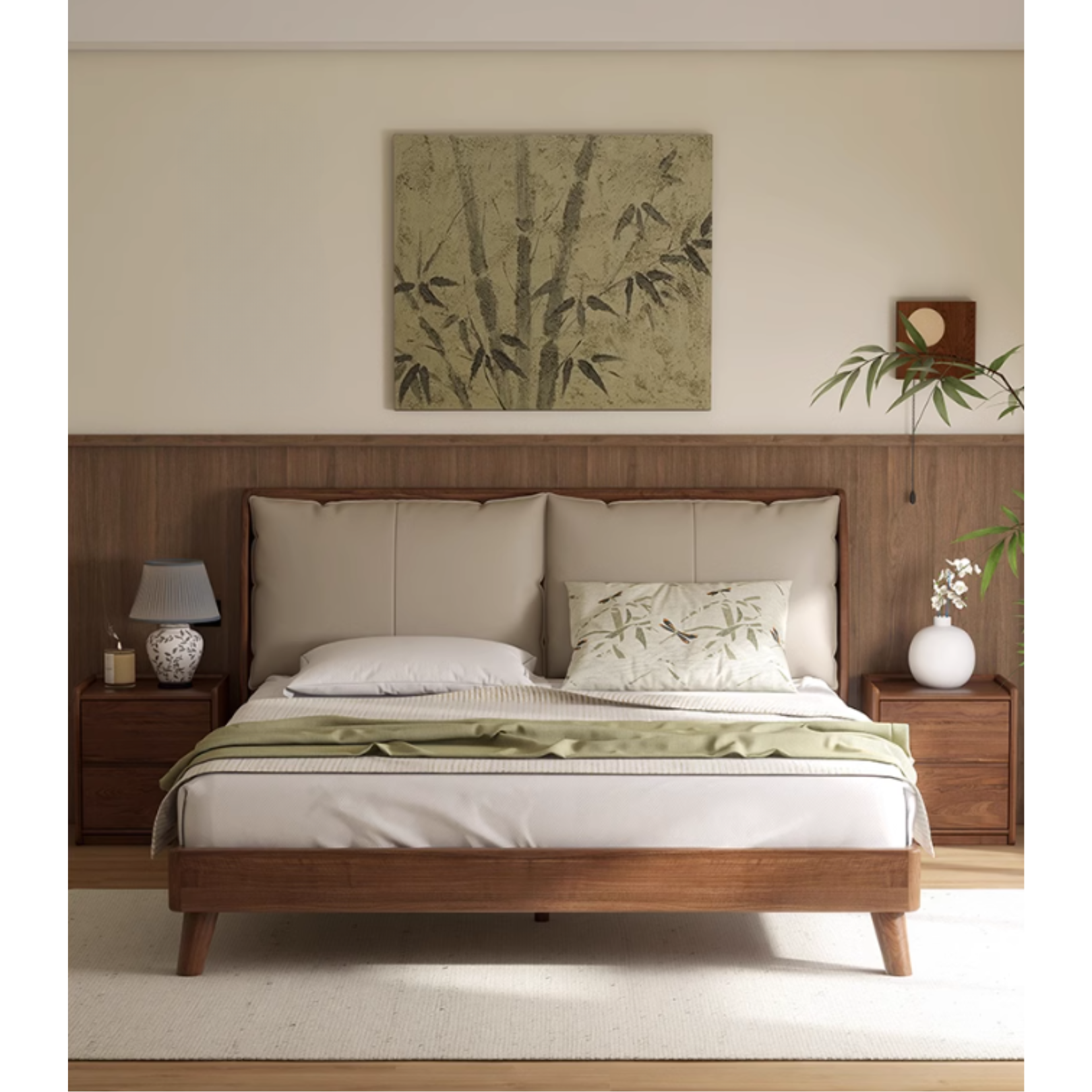Black Walnut, Sandalwood Solid Wood Leather,Technology Cloth Bed
