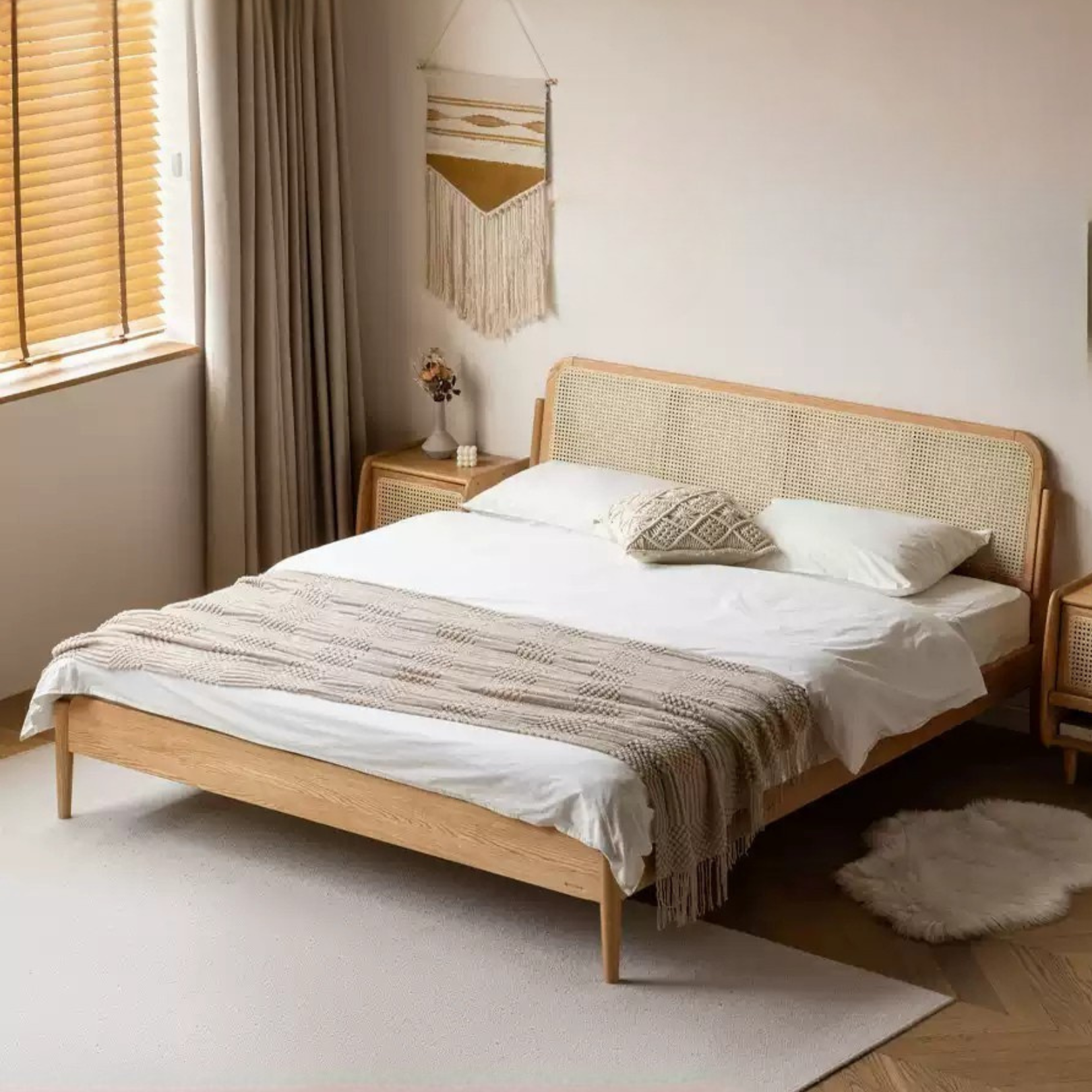 Oak Solid Wood Rattan bed