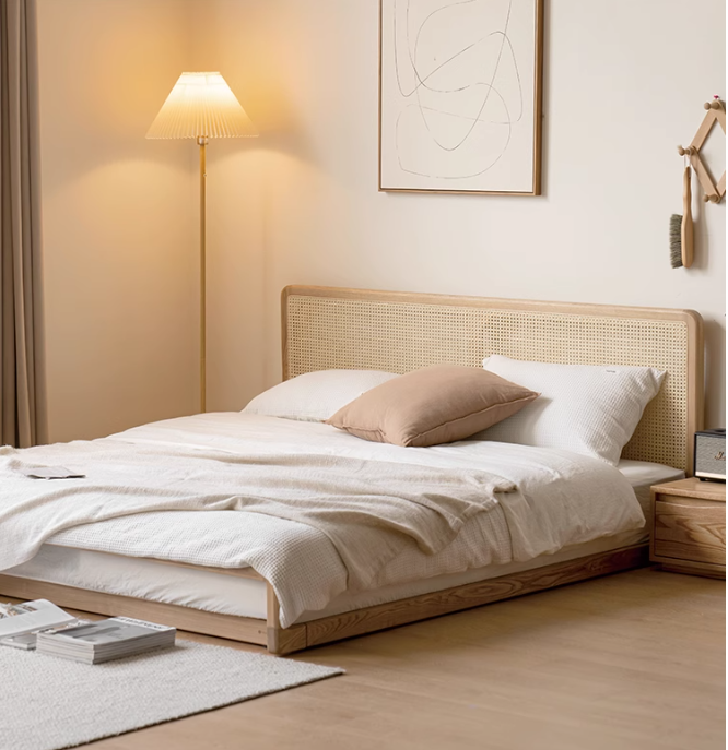Ash Solid Wood Floor Bed Rattan