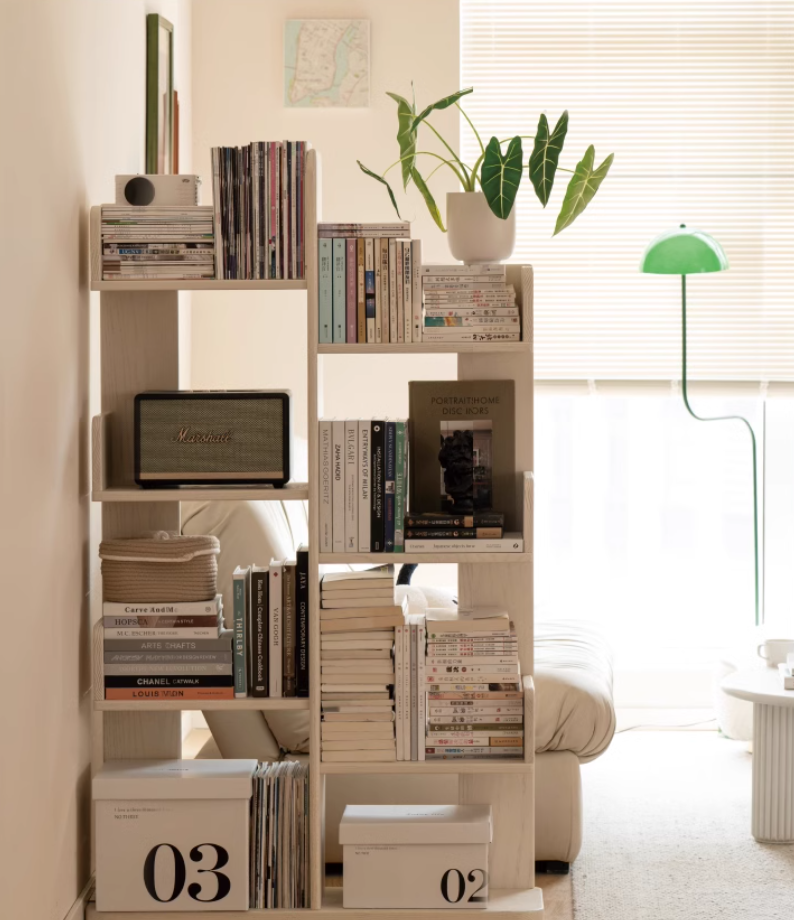 Oak Solid Wood Floor to Floor Cream Cactus Shelf Corner Bookcase Display<