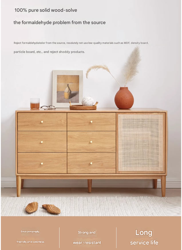 Oak Solid Wood Rattan Storage Cabinet