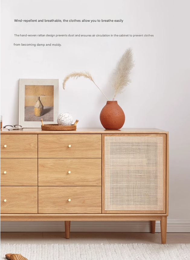 Oak Solid Wood Rattan Storage Cabinet