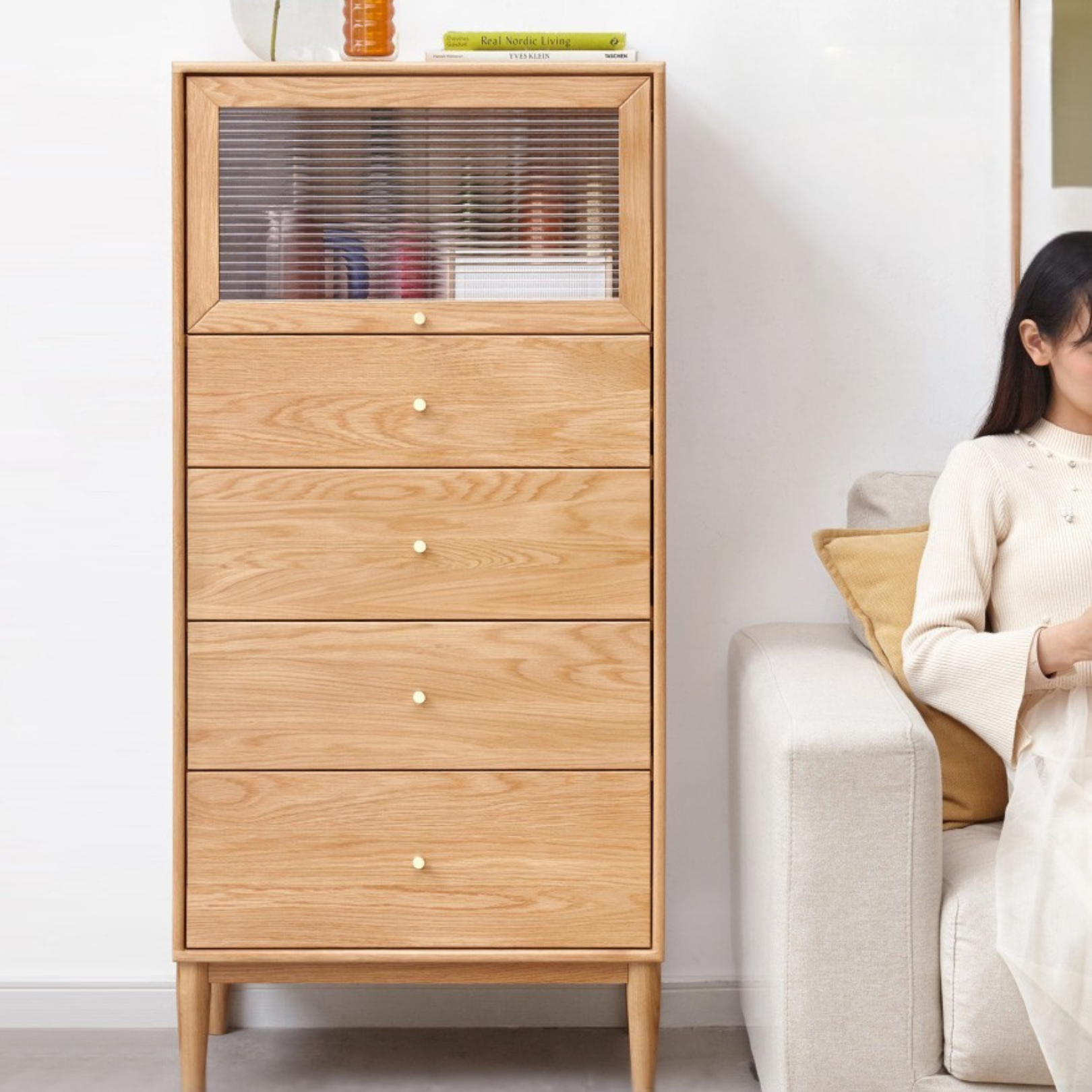 Oak Solid Wood Chest of Drawers Flip Glass Door