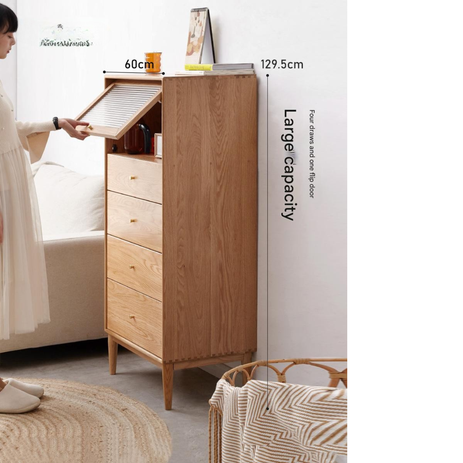 Oak Solid Wood Chest of Drawers Flip Glass Door