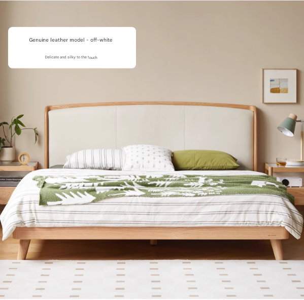 Oak Solid Wood Genuine Leather, Tech Fabric Bed