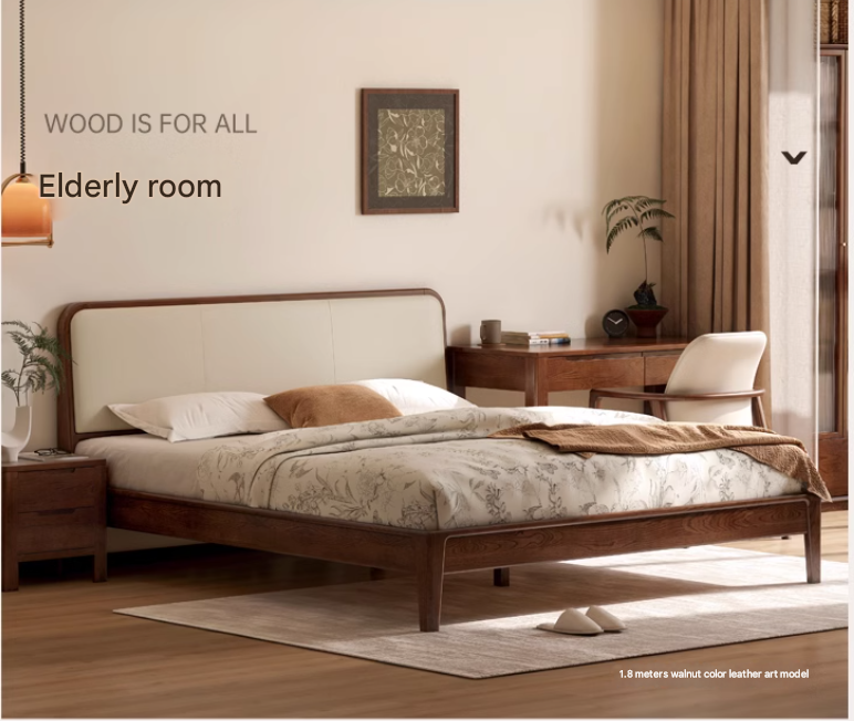 Oak Solid Wood Bed Modern Genuine Leather,Technology Cloth, Fabric