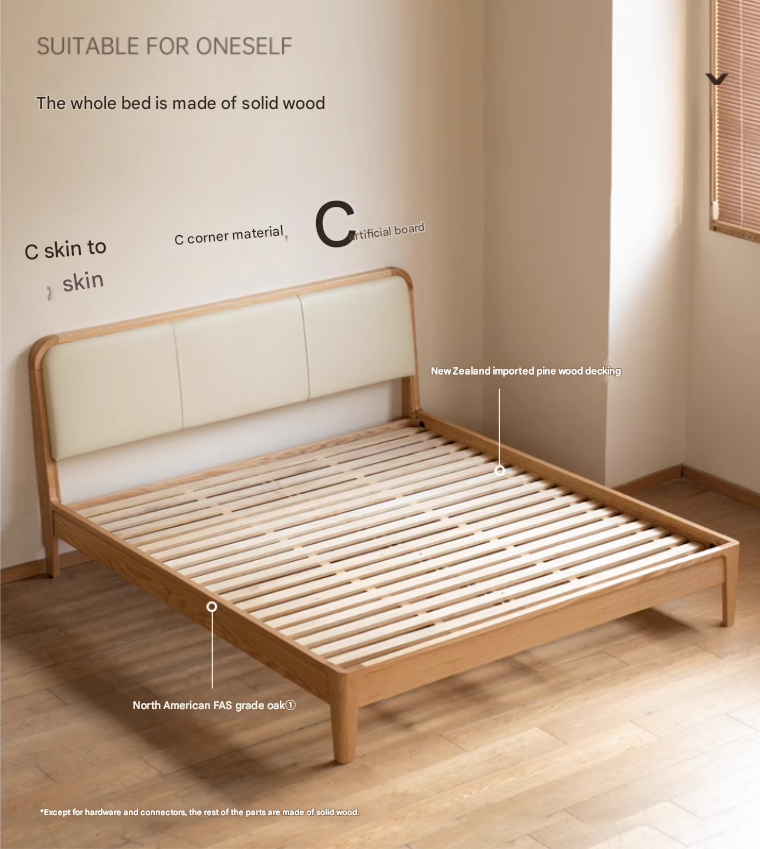 Oak Solid Wood Bed Modern Genuine Leather,Technology Cloth, Fabric