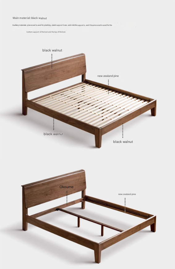 Black Walnut, Sandalwood ,Ash Solid Wood Bed Nordic Modern
