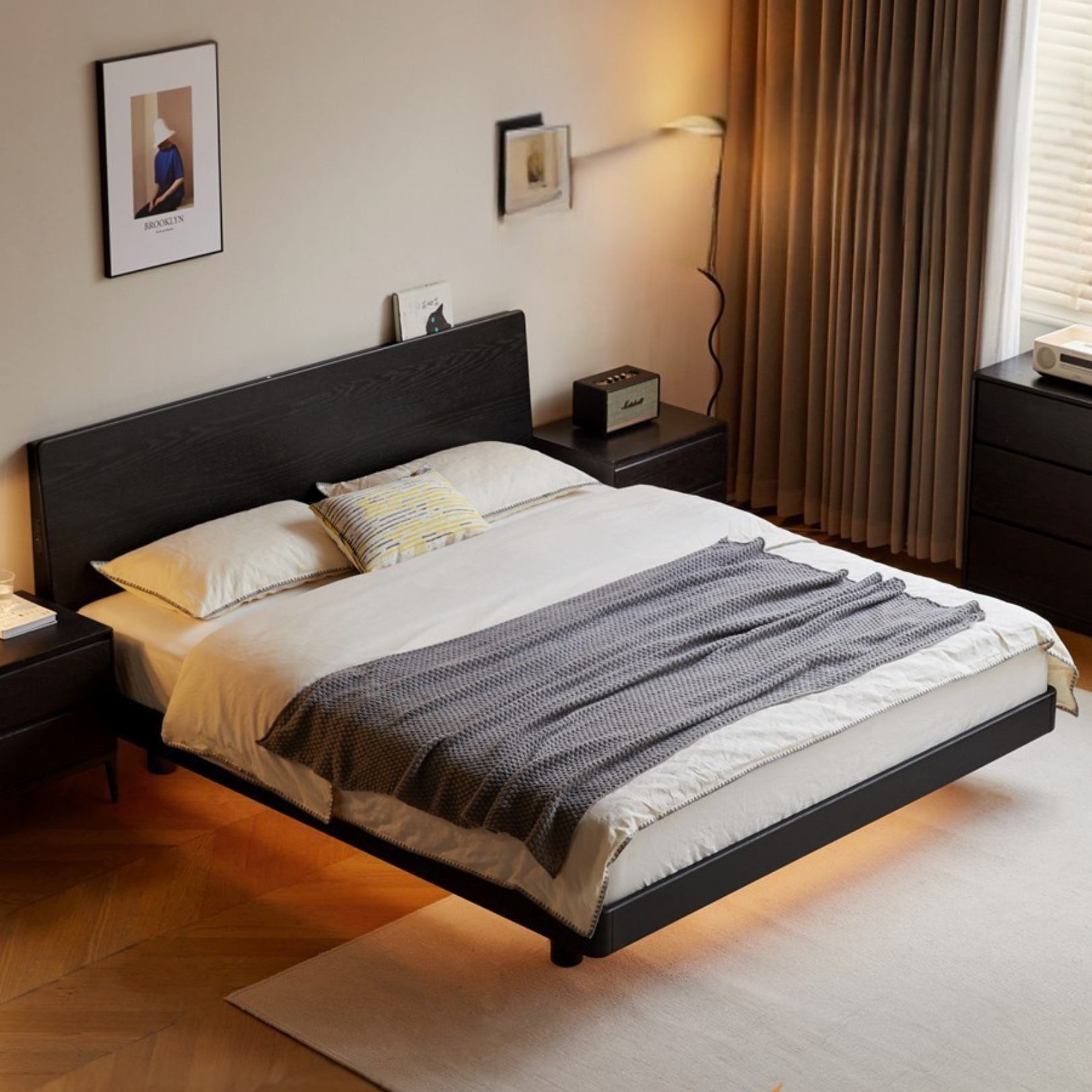 Oak Solid Wood Luminous Suspended Bed