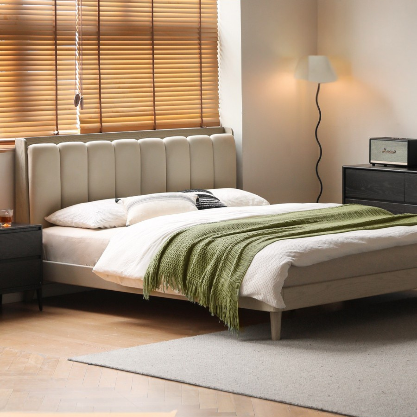 Oak, Poplar Solid Wood Piano Key Bed, Technology Cloth